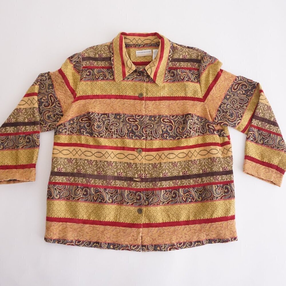 Alfred Dunner Yellow Maroon Paisley Striped Tapestry Button Up Jacket 20W